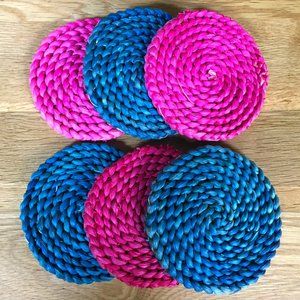 6 Coasters Tiki Bar Seagrass Barware Pink Blue